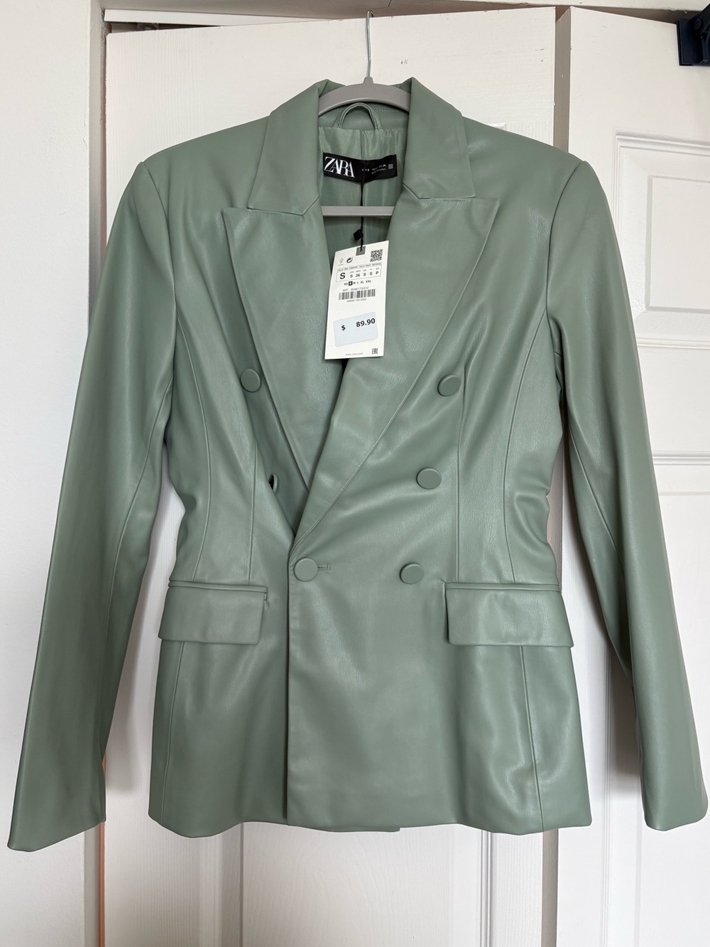 Zara Sage Green Double-Breasted Faux Leather Blazer size S